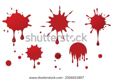 vivid blood splatter graphic, showcasing deep red hues Vector illustration set on white background.
