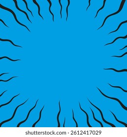 A vivid blue background featuring black lines radiating outward from it