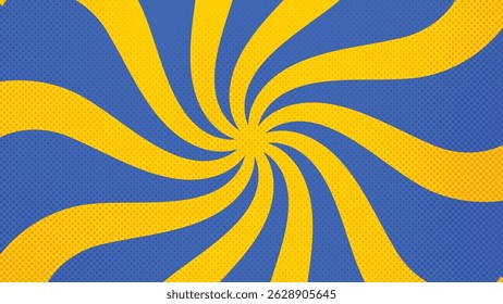 Vivid blue background with yellow spiral rays creating a fun and energetic pop art comic style.
