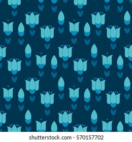 vivid blue color abstract tulip flower motif. vector illustration design in folk rustic Holland style. seamless background for wrapping paper or floral rustic fabric
