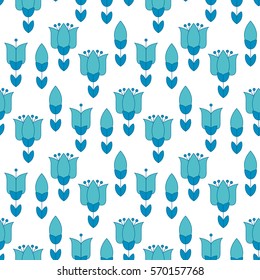 vivid blue color abstract tulip flower motif. vector illustration design in folk rustic Holland style. seamless background for wrapping paper or floral rustic fabric on white background
