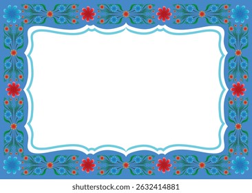 A vivid blue floral frame with colorful decorative border, ideal for cards, invitations, certificates, and prints. Includes EPS, transparent PNG, and high-res JPEG. Blue Floral Frame Vector 