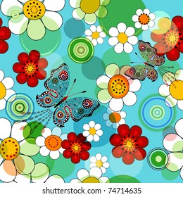 Vivid blue floral seamless pattern with flowers and butterflies (vector EPS 10)