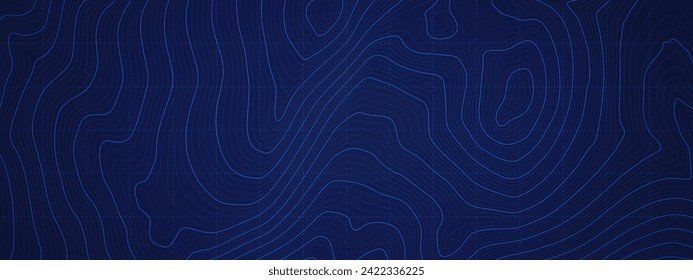 Vivid Blue Military Topography Contour Map Vector Ultra Wide Abstract Background. Topographic Wavy Lines Pattern Modern Panoramic Wallpaper. Terrain Relief Cartography Geographic Map Art Illustration