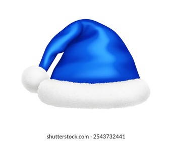 Vivid blue Santa hat with soft pompom realistic vector illustration. Christmas eve party decorative accessory 3d model on white background