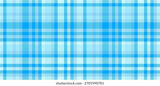 Vivid blue tartan plaid pattern with smooth intersecting lines and soft textured checks. Horizontal seamless layout. Stock vector illustration in flat style.

