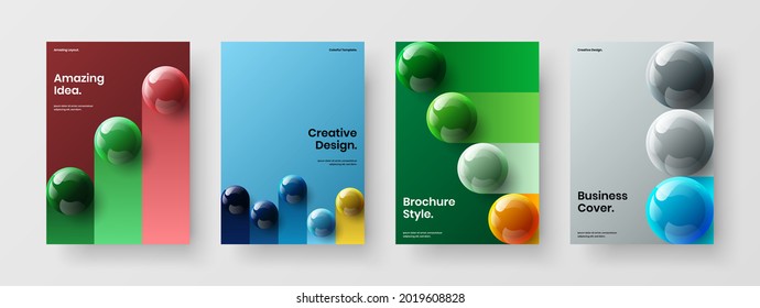 Vivid book cover A4 vector design concept bundle. Amazing realistic spheres handbill layout composition.