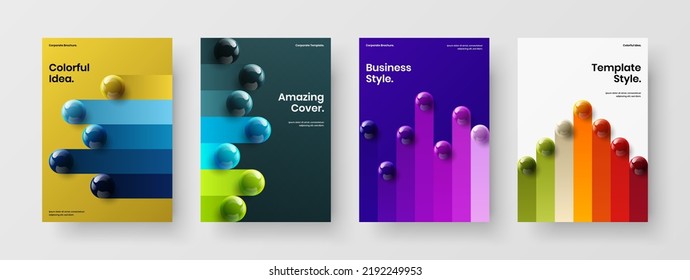 Vivid book cover A4 vector design concept collection. Amazing 3D balls corporate identity layout composition.