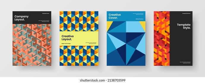 Vivid booklet A4 design vector layout set. Trendy mosaic shapes company identity illustration collection.