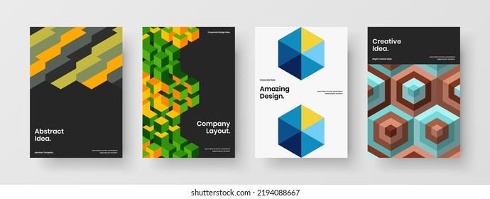 Vivid booklet vector design illustration composition. Abstract mosaic tiles corporate identity template bundle.