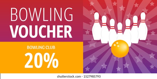 Vivid bowling voucher with white pins and yellow ball. Red and purple gradient discount coupon for bowling club with 20% sale. Standard scaled size: 210*99 mm (8,3*3,4 in)