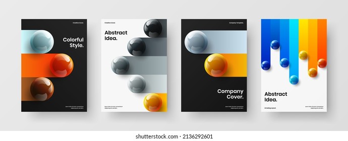 Vivid brochure A4 design vector template set. Trendy realistic spheres flyer layout bundle.
