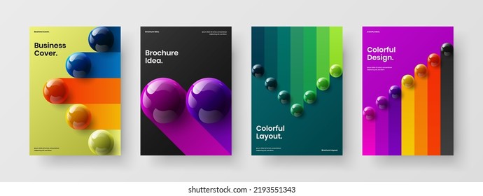 Vivid brochure design vector template collection. Unique 3D balls front page concept composition.
