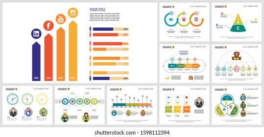 Vivid business chart design set for development document, annual statistics slides, web design. Business and analysis concept with percentage diagram, bar, process, step, and cycle charts.
