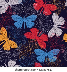 Vivid butterflies. Seamless pattern.