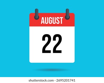 Ilustración de calendario vívido que muestra el 22 de agosto. Cabecera roja. Cuerpo blanco con fecha atrevida. Gráfico claro y simple contra un fondo cian claro.