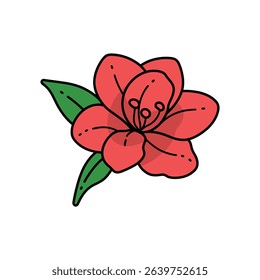 Vivid cartoon illustration featuring a stylized red flower with distinct petals and green leaves, outlined in black, set against a clean white background.