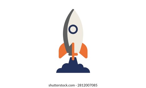 Vivid cartoon rocket with orange flames and smoke ascending into a clear blue sky, symbolizing innovation, progress, and adventure in space travel