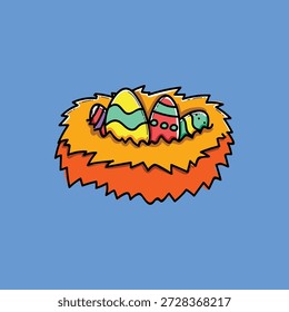 Vivid cartoon-style Easter scene featuring colorful eggs resting in a nest on a bold orange bed against a solid blue background. Cheerful, playful, and festive spring imagery suitable for family and celebration themes.