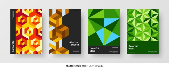 Vivid catalog cover A4 vector design concept set. Clean mosaic tiles presentation template collection.