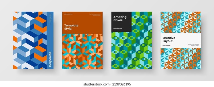 Conjunto de plantillas vectoriales de diseño de portada de catálogo Vivid. Conjunto de ilustraciones de identidad corporativa de hexágonos de mosaico creativo.
