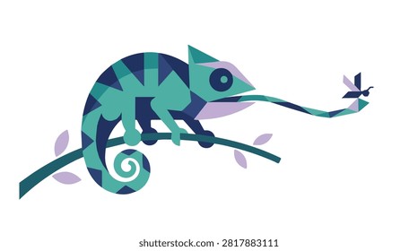 Vivid chameleon perched on a branch with bright green and blue colors illustrating camouflage and animal behavior in a natural habitat