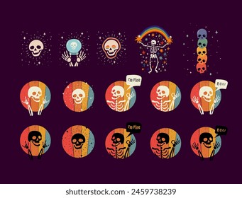Clipart de Vector de esqueleto vivo y alegre con alegres esqueletos celebrando con colores de arco iris, saludo, gestos. Diversión juguetona y espeluznante que añade un toque cálido a los diseños y estampados de Halloween.
