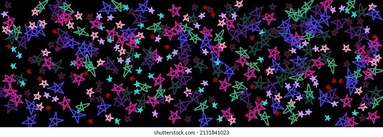 Vivid Childish Lavender Mint Naive Multicolor Pastel Handdrawn Stars. Vibrant Bordo Red Green Bright Colorful Purple Night Sky Wallpaper. Chaotic Pink Dark Kids Stars Violet Black Background.