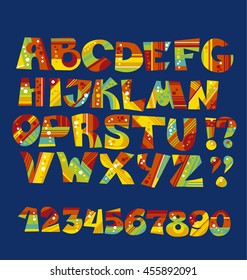 vivid childish style ABC set. geometry textures funny fontface for preschool kids