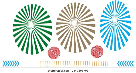Vivid circular patterns radiate symmetrically with bursts of green, blue, and beige radiating stripes, accompanied by two vibrant red spirals. Ideal for use in artistic.