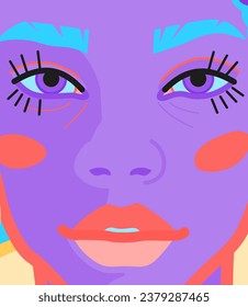 A vivid close-up portrait of a woman in the style of pop art depicting the face of a girl with purple skin and bright azure eyebrows and plump lips