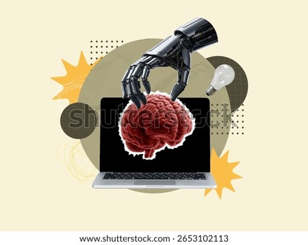 A vivid collage displaying the integration of business and technology, showcasing a robotic hand and digital brain.
