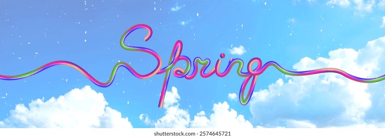 A vivid collage featuring the word spring in neon colors, encapsulated in a dreamy atmosphere with fluffy clouds and a bright blue sky composed of a rainbow hose design and halftone elements.