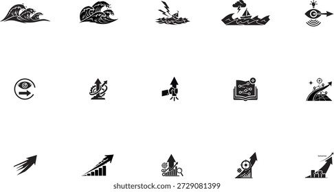 Vivid collection of 15 scalable vector icons depicting business growth, success, and innovation in minimalist flat design style for commercial use.