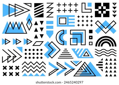 A vivid collection of different geometric shapes, Memphis set in blue and black, arranged on a white background. The composition includes triangles, circles, squares, zigzags and other shapes.