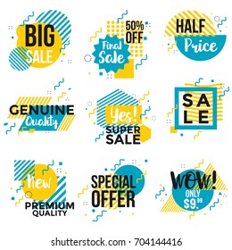 Vivid Collection of Sale Discount Styled Banners, Labels, Tags, Emblems. Flat geometric bubble and shapes. Vintage color and simple shapes, lines, stripes, circles. Vector Illustration