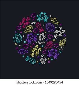 Vivid color sea life icons in circle composition, simple line marine animal symbols on black. 