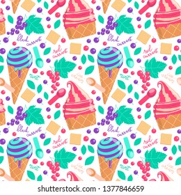 Vivid color seamless pattern with an ice cream in a waffle cone and cup, cookies, black and red currant, berries, mint leaves, tea spoons and lettering
