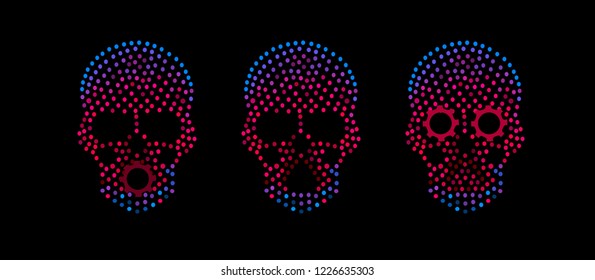 Vivid color skulls icon with gear, technology neon background with dots