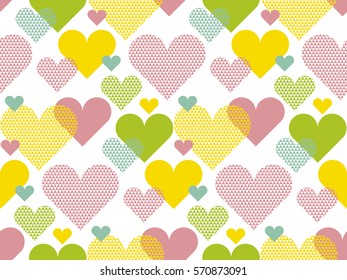 Vivid colored love concept icon repeatable motif for wrapping paper or fabric. Heart shape modern seamless pattern vector illustration in geometry style.