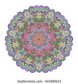Vivid colored mandala for your design. Lace ornament in form of round pattern. Concentric illusion ornament.