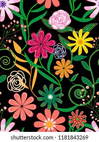 vivid colorful beautiful seamless floral pattern tile over black background for textile, fabric, backgrounds, wallpapers and festive creative designs. pattern swatch at eps. file