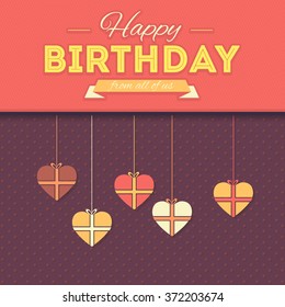 Vivid Colorful Birthday Greeting Card. Heart Style Hanging Gift Boxes Happy Birthday. Announcement and Celebration Message Poster 