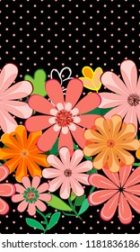 vivid colorful Floral border over polka dot pattern and black background. seamless tile for textile, fabric, note covers, backgrounds and festive surface designs. pattern swatch available at eps. file