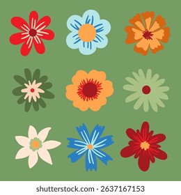 Vivid colorful flower collection, summer blossom flower head set. Organic petal floral design