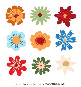 Coleção de flores coloridas vívidas, conjunto de cabeça de flor de flor de flor de verão. Projeto floral pétala orgânico