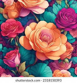 Vivid and Colorful Flower Pattern in Vector Design of Rainbow Botany 