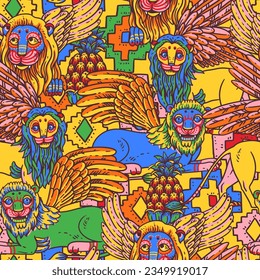 Vivid colorful lions tropical seamless pattern,  with pineapple, palm tree, summer jungle on yellow