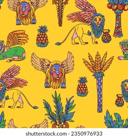 Vivid colorful lions tropical seamless pattern,  with pineapple, palm tree, summer jungle on yellow
