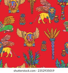 Vivid colorful lions tropical seamless pattern,  with pineapple, palm tree, summer jungle on red